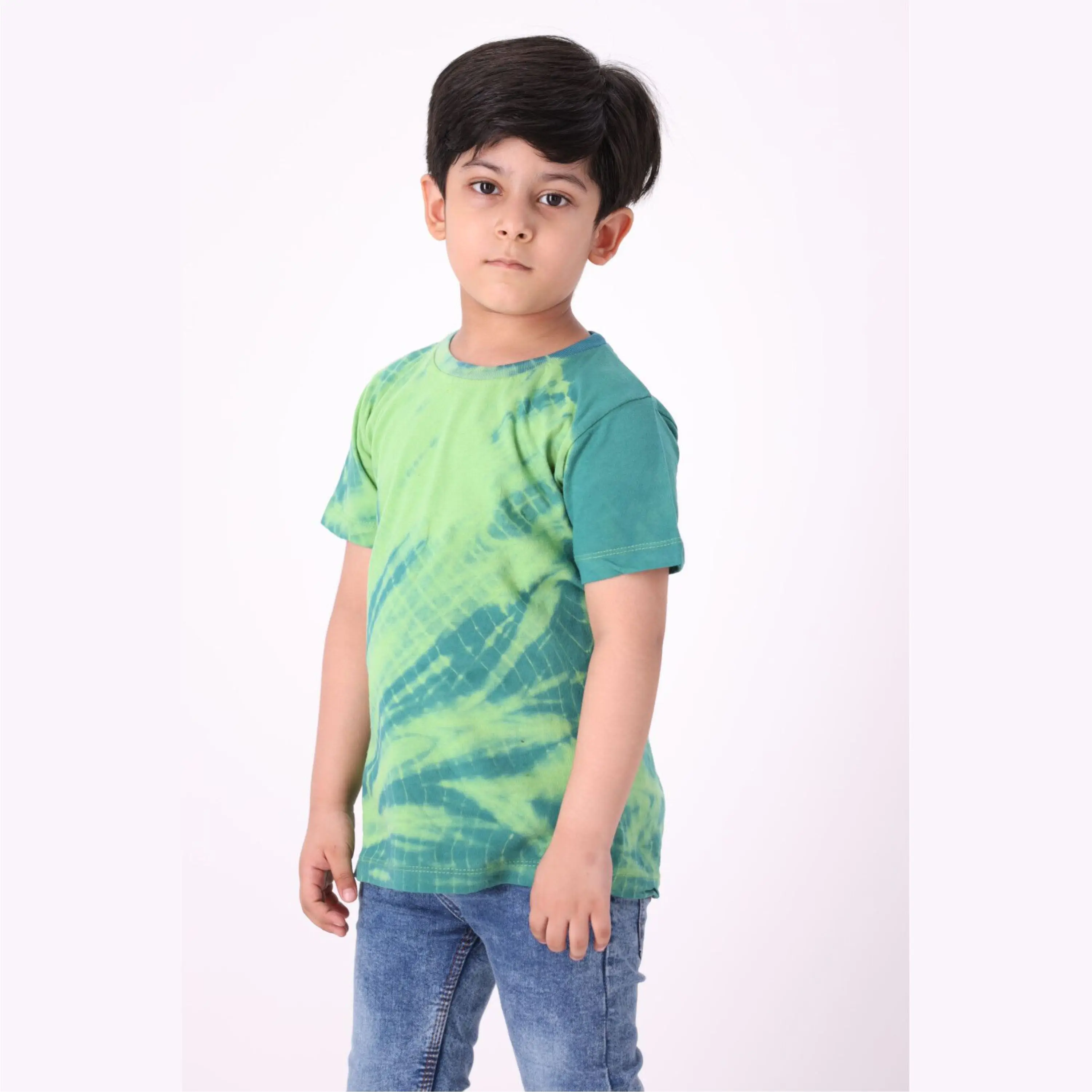 100% Knitted Pure Cotton Fabric Regular Length Round Neck Half Sleeves Parrot Tie and Dye T Shirt for Boys