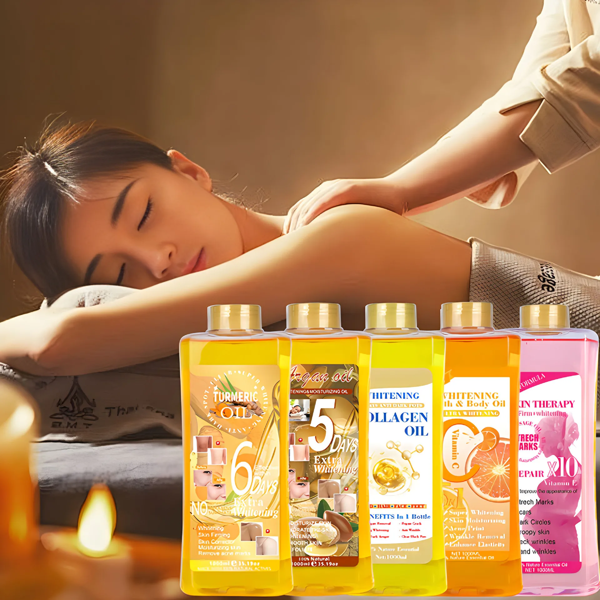 1000ml Organic Turmeric Collagen Vitamin C Argan Super Whitening Essential Body Oil For Face Skin