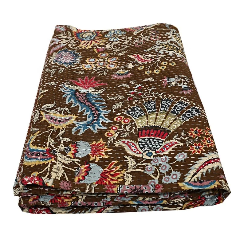 Indian Cotton Kantha Throw Hand Stitched Kantha Blanket Handmade Floral Design Kantha Quilt