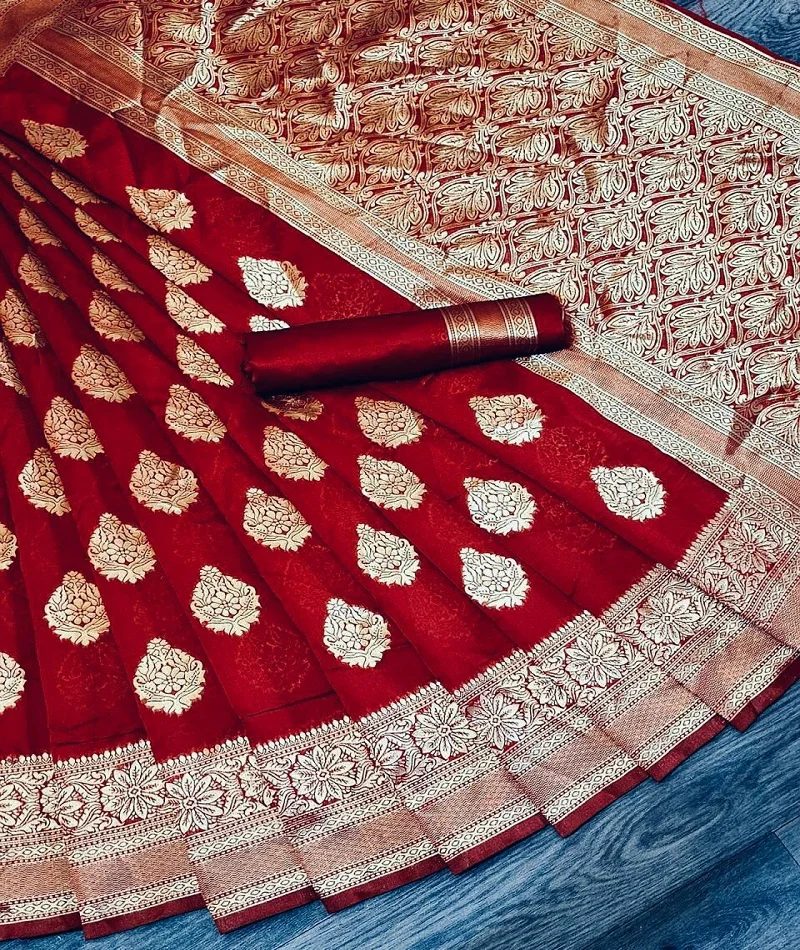 Indian New Trendy Designer Soft Banarasi Silk with Weaving Heavy Pallu and Same Weaving Border Blouse Saree for Women Wear