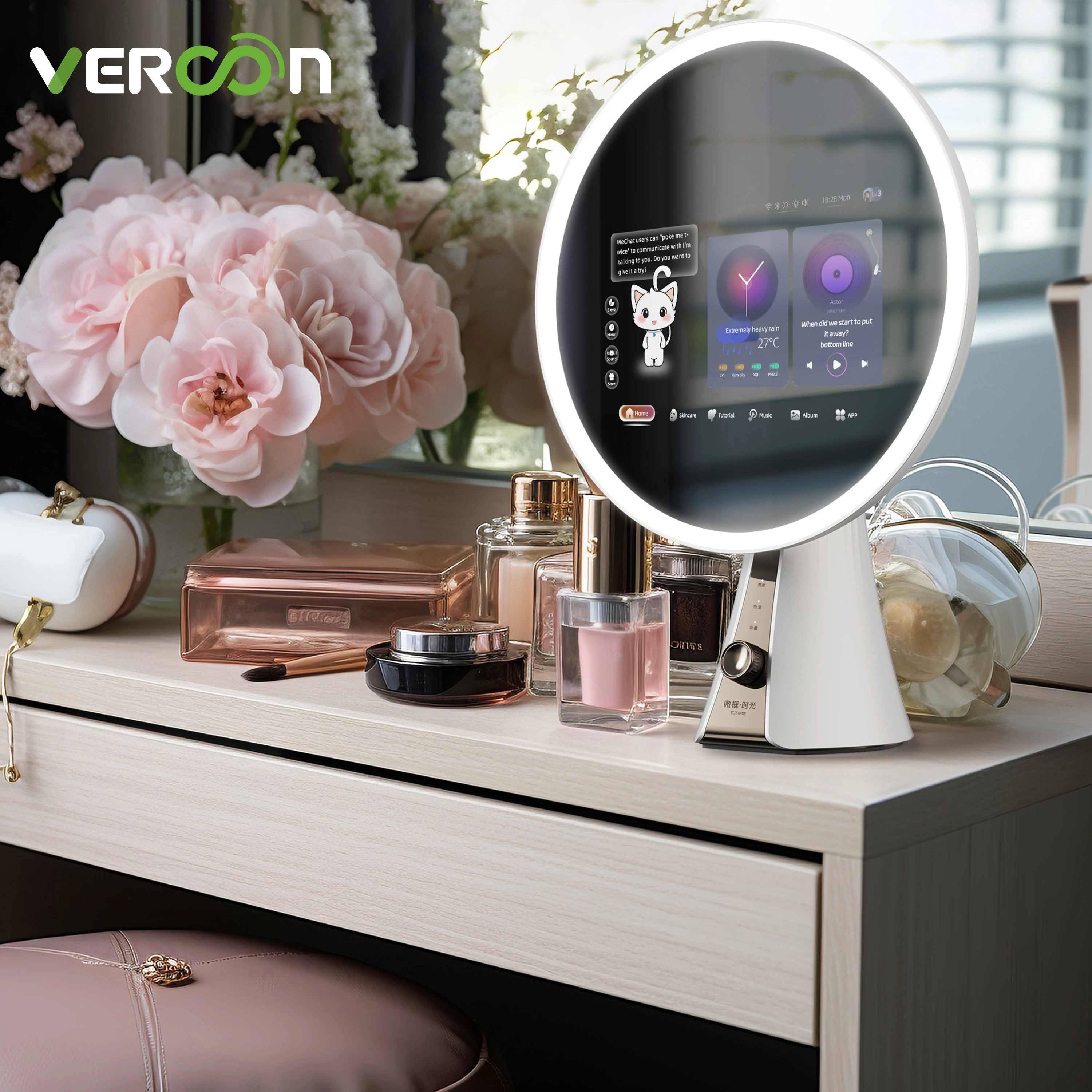 2024 Vercon Smart Beauty Mirror Desktop Adjustable Led Light WiFi Bluetooth Speaker Skin test Makeup Tutorial Videos Magnifying