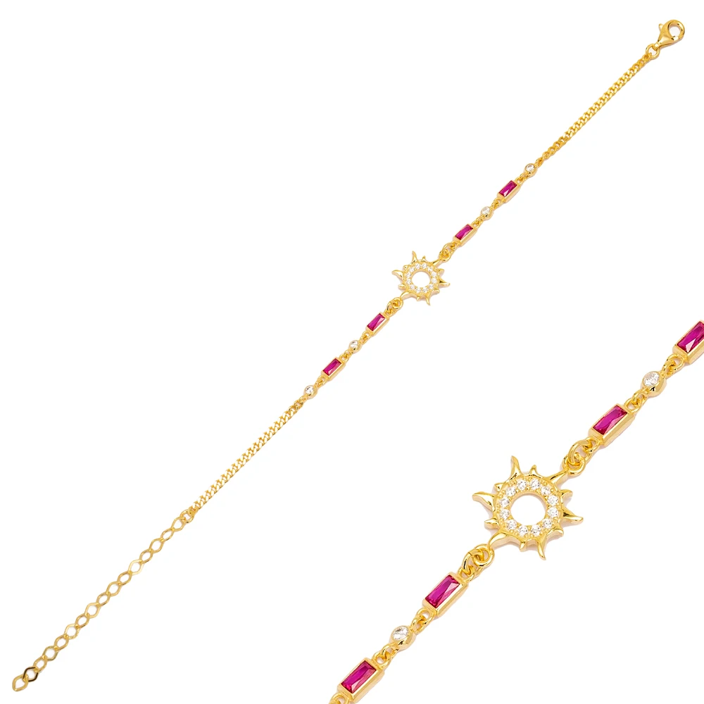 Sun Design Rectangle Shape Stone Ruby Stone Chain Bracelet Women 925 Sterling Silver Jewelry