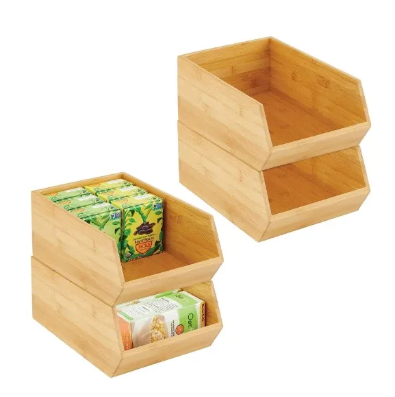 Open Top Multi Purpose Natural Wood Bamboo warehouse Food Stackable Storage Organizer Bins Box Set For Kitchen Cupboard