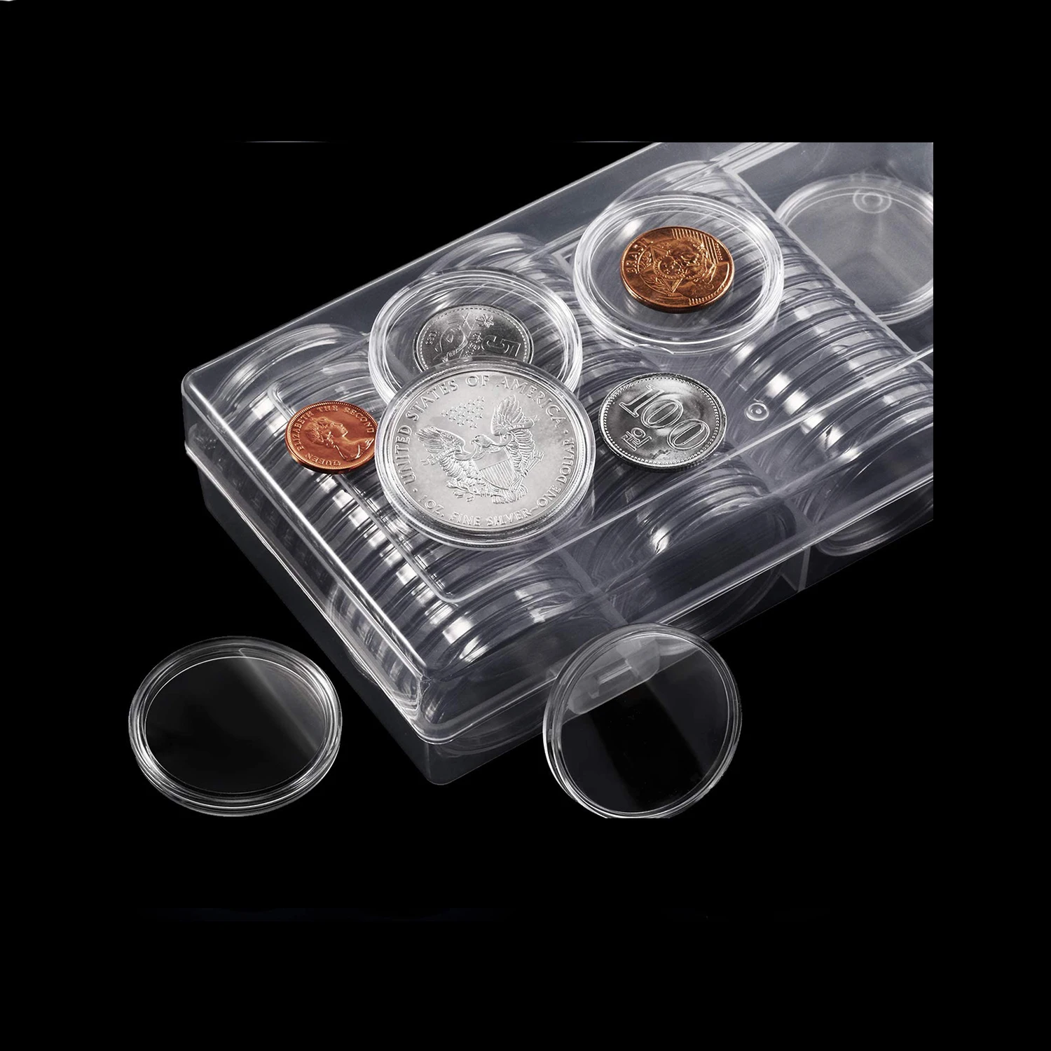 41mm Plastic Coin Capsules Pennies Nickels Dimes Capsule Coin Collection Organizer Box with EVA Foam Gaskets