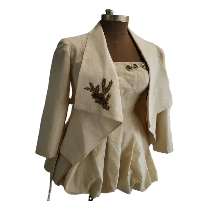 Evening Wear White Cotton Khadi Jacket With Embroidery Patch For Women Brunch Prom Summer Party Wear Garment Factory In India