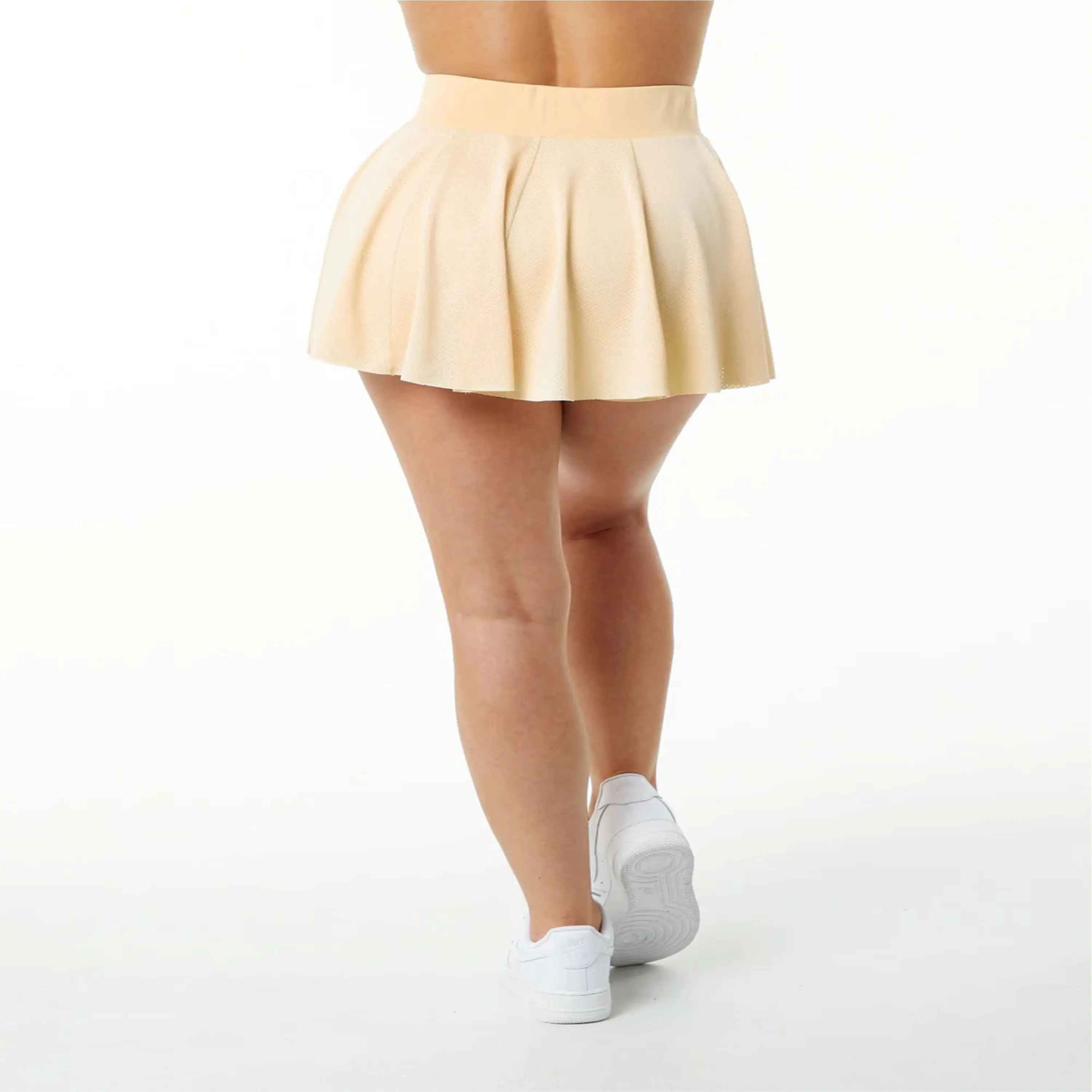 100% Polyester Jersey Knit Womens Compression Lined Mesh High Waisted Tan Skirt with Compression Lined Short