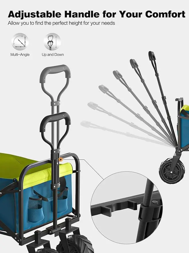 THCW10071 - Collapsible Folding Wagon 400lbs Weight Capacity, with All-Terrain Wheels & Cup Holders for Garden, Shopping, Blue