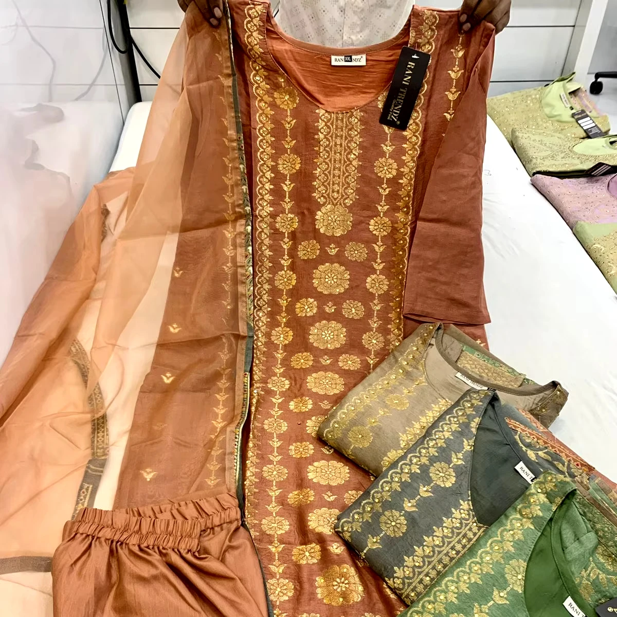 New 2024 Pure Dola Silk Readymade Full Stitched Indian Salwar Suit with Santoon Silk Bottom & Pure Organza Dupatta Set