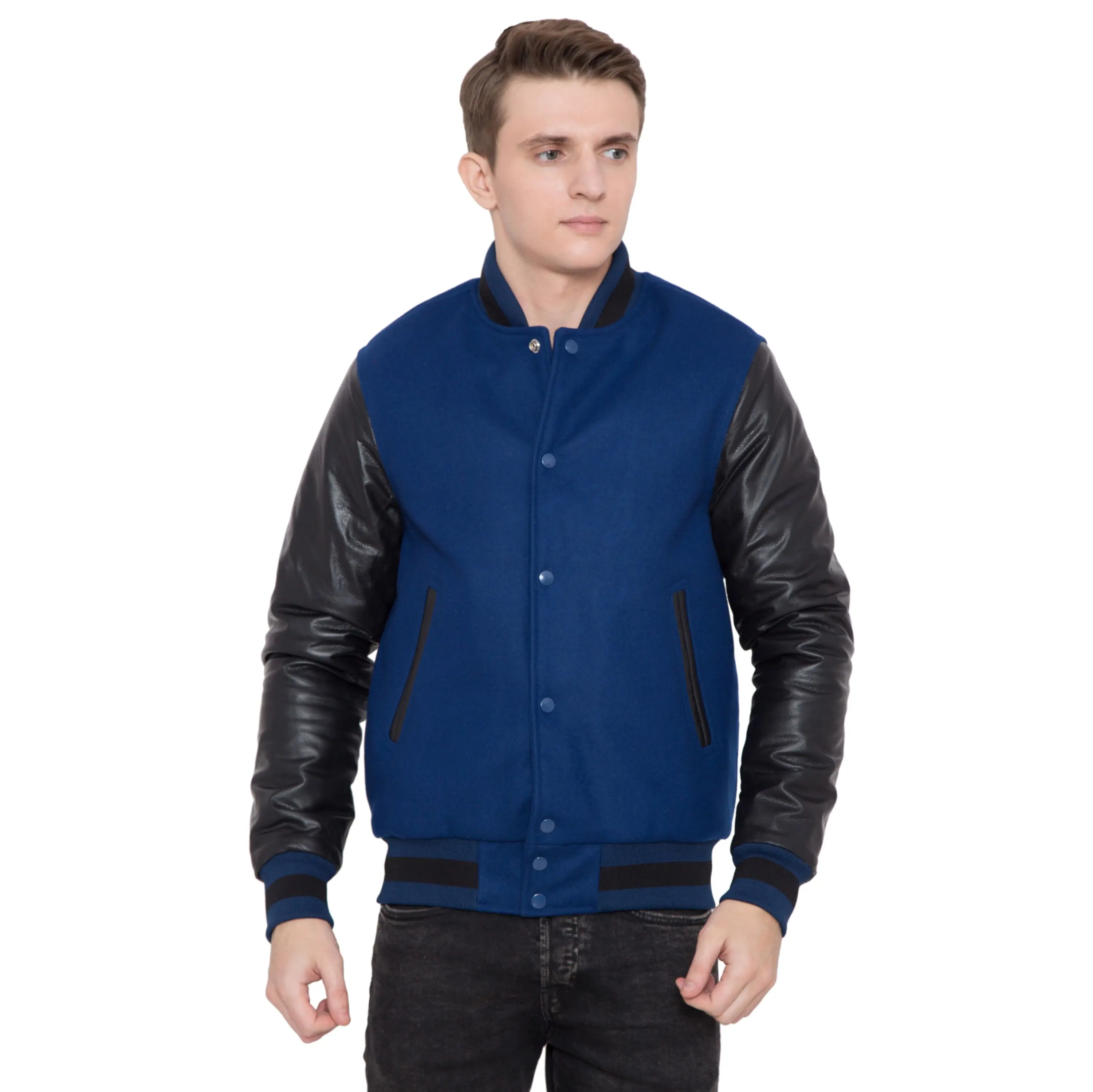 100% Cashmere Wool Body and Genuine Cowhide Leather Sleeves Dark Navy & Black Letterman Jacket