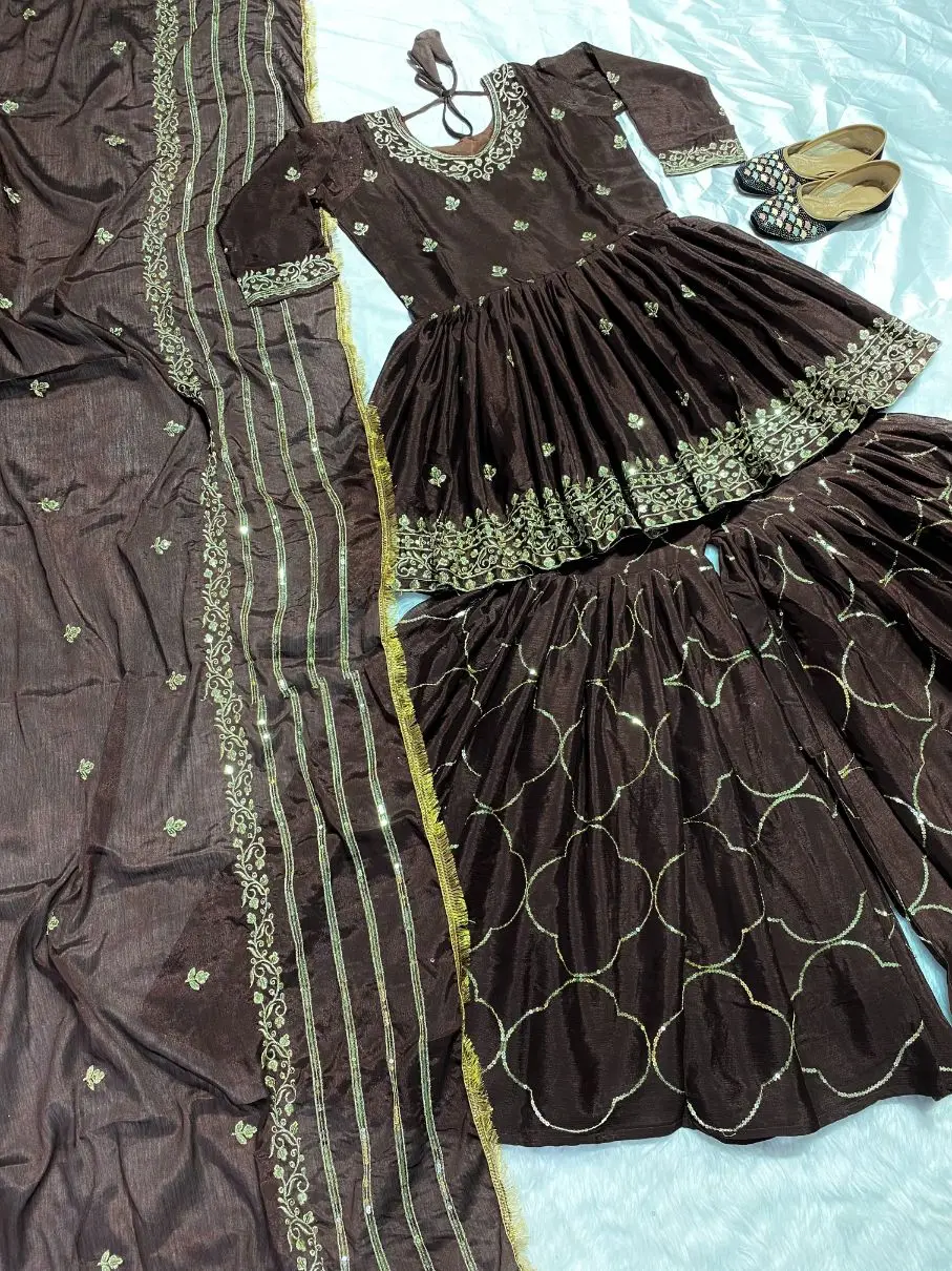 Designer Dress Chinon Silk  Material Sharara Beautiful Heavy Designer Boutique Dresses Collection Sharara Suit With Short Kameez