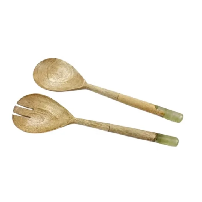 Wooden Salad Server Terrazzo Handle Acacia Wood Salad Server Spoon Set Steel Kitchen Fruit Vegetable Spinner kitchen gadgets