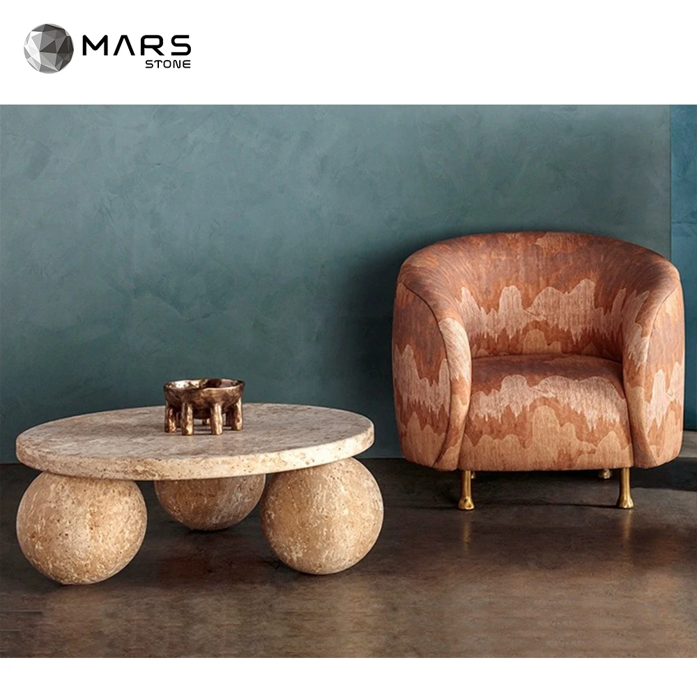 Natural Stone Round Beige Travertine marble stone top coffee table Side Table
