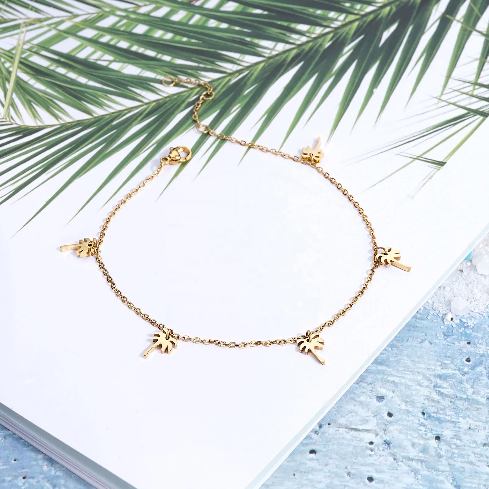 Gold Plated Beach Leaf Charm Anklet Bracelets Summer Boho Adjustable Foot Jewelry Palm Tree Charm Anklets for Women