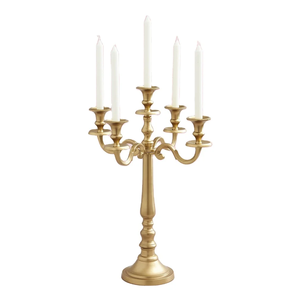Best Quality Latest Royal Design Shiny Gold Finished In 5 Arms Candelabra Candle Holder Customized Size For Wedding Tabletop