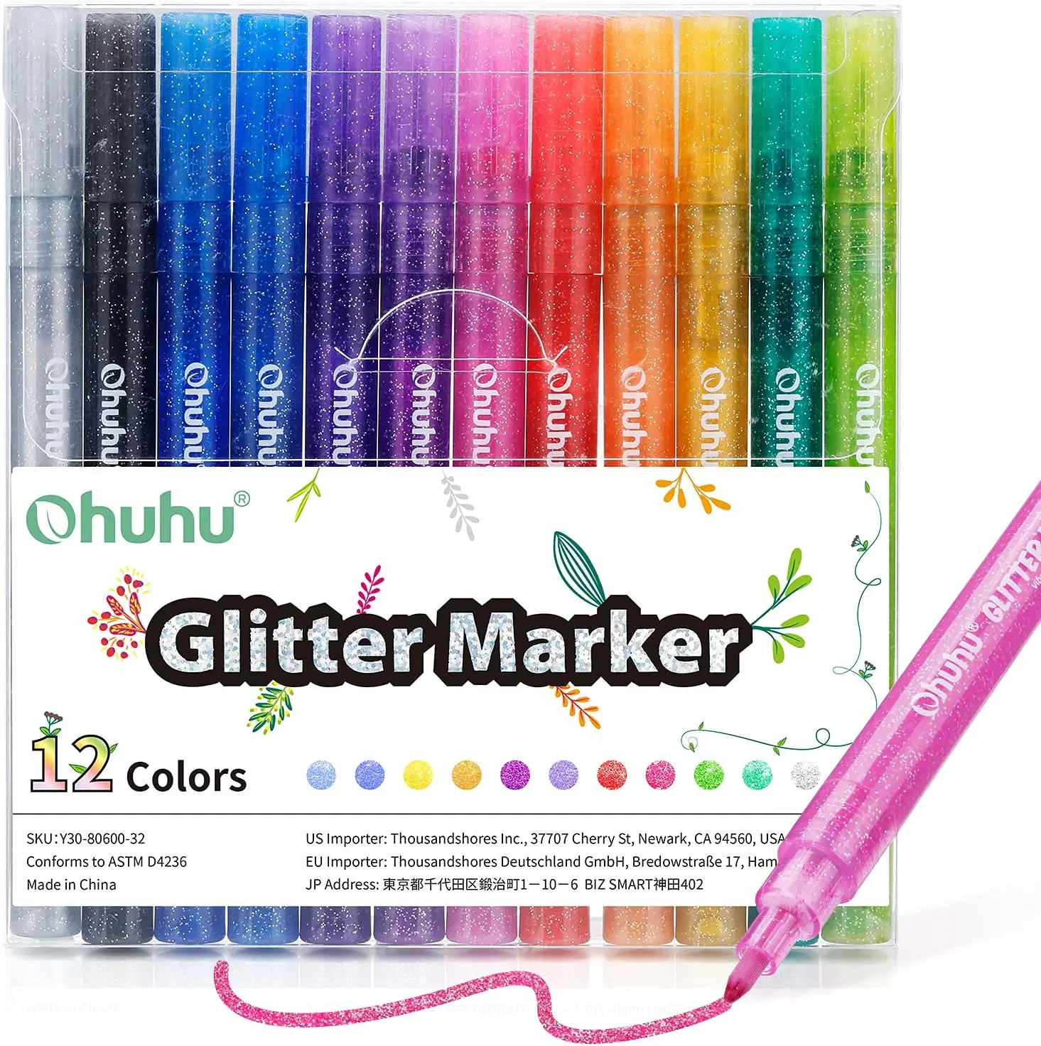 Ohuhu 12 Glitter Colors Metallic Shimmer Marker Water-based Ink Cards Making Poster Album Scrapbooking Mugs Wood