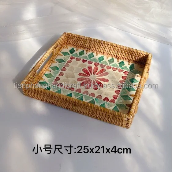Handwoven Rectangle Rattan Mosaic Tray Natural Serving Tray for Coffee Table Gift for Mom Inspired by Mother of Pearl