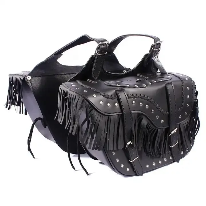 HMB-LB-510 MOTORCYCLE LEATHER SADDLE BAGS SETN STUDS FRINGES STYLE BIKER TRAVEL BAGS SET TOOLS SADDLES