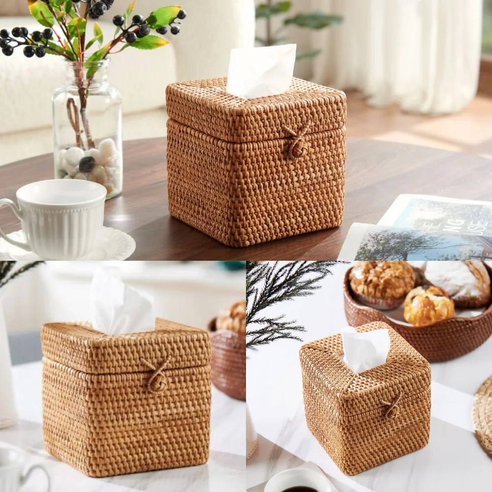 Elegant Brown Rattan Cylinder Tissue Holder Clear Tissue Box Cover for Kitchen and Home Decor Stylish Paper Storage Box