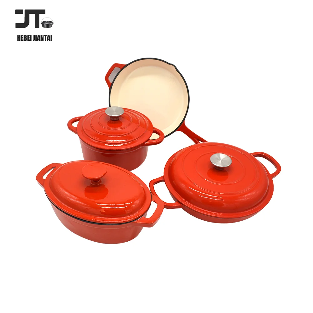 Enameled Cast Iron Cookware Set 7PCS Cast Iron Kitchenware with Round and Oval Dutch Oven Skillet Frying Pan and Baking Pan Red