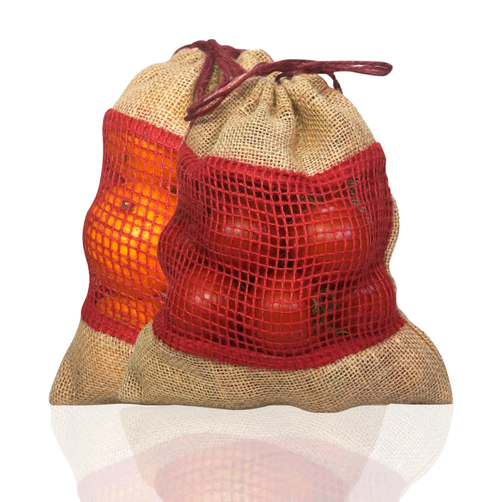 Light Weight Excellent Supreme Quality Jute Pouch Bags with Drawstring Red Net Window | Ideal for Fruits and Vegetables