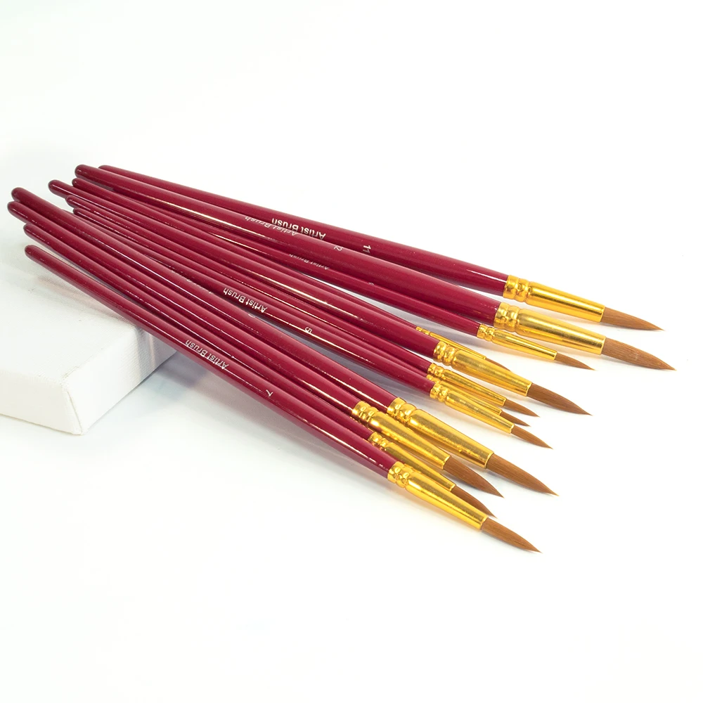 Pointed Round Painting Brush Set of 12 Artists Wooden Handled Brushes for Acrylic Oil Watercolor Painting