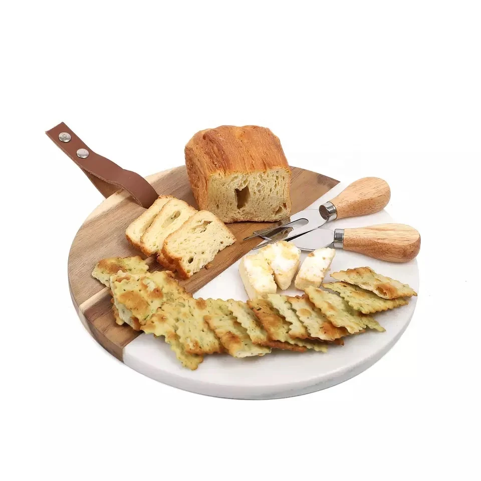 White Marble & Wood Round Cutting Board for Serving