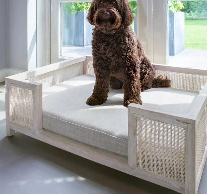 Hot Sale Factory Direct Price Wooden Dog Bed with Rattan Luxury Good Quality OEM Accepted Custom Logo from Vietnam Manufacturer