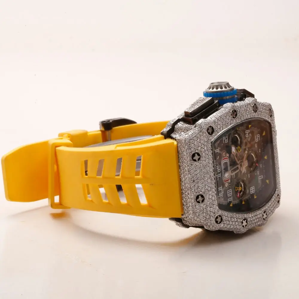 Iced Out Bling Tester Pass Big Dial Mechanical Belt Unisex Bezel Silver VS Chrono Custom Logo With Box Moissanite Diamond Watch