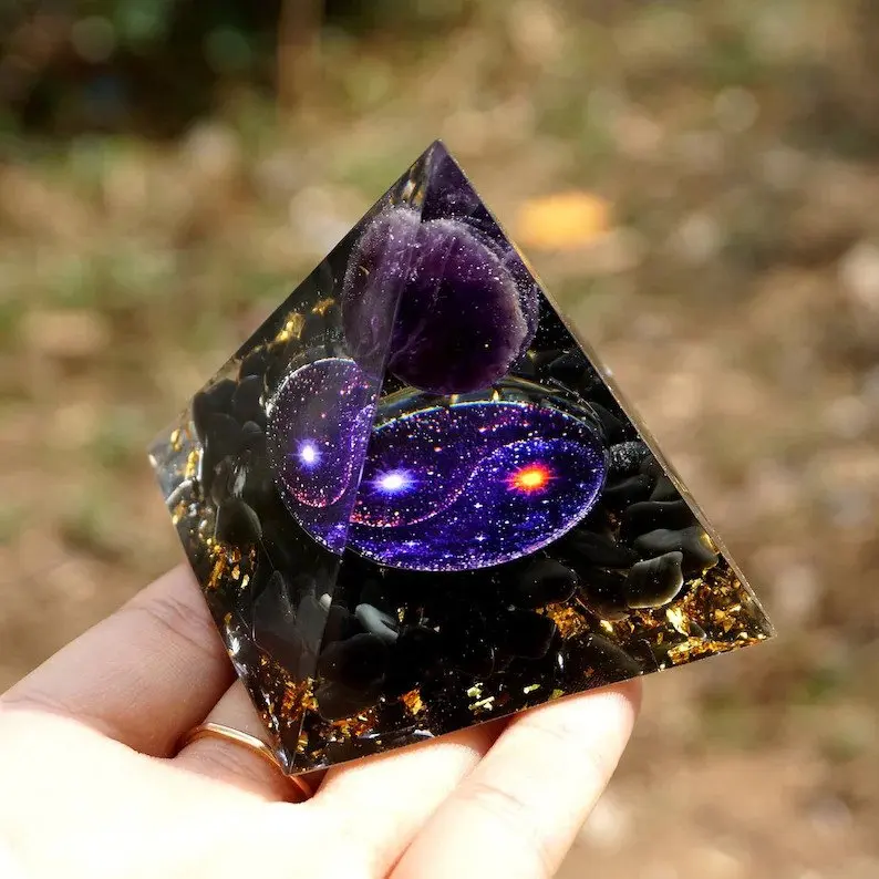 Handmade Galaxy Crystal Orgone Pyramid-Amethyst Obsidian Balance Reiki Meditation Orgonite Positive Energy Generator Healing EMF