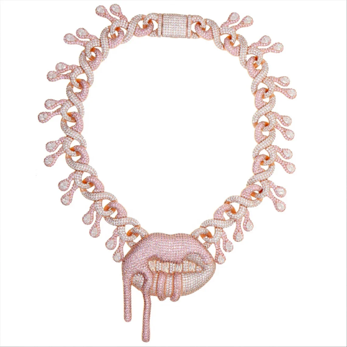 Miami Cuban Link Chain For Women Lip & Mouth Rose Gold teardrop Cuban Link Chain necklace Gold filled Diamond