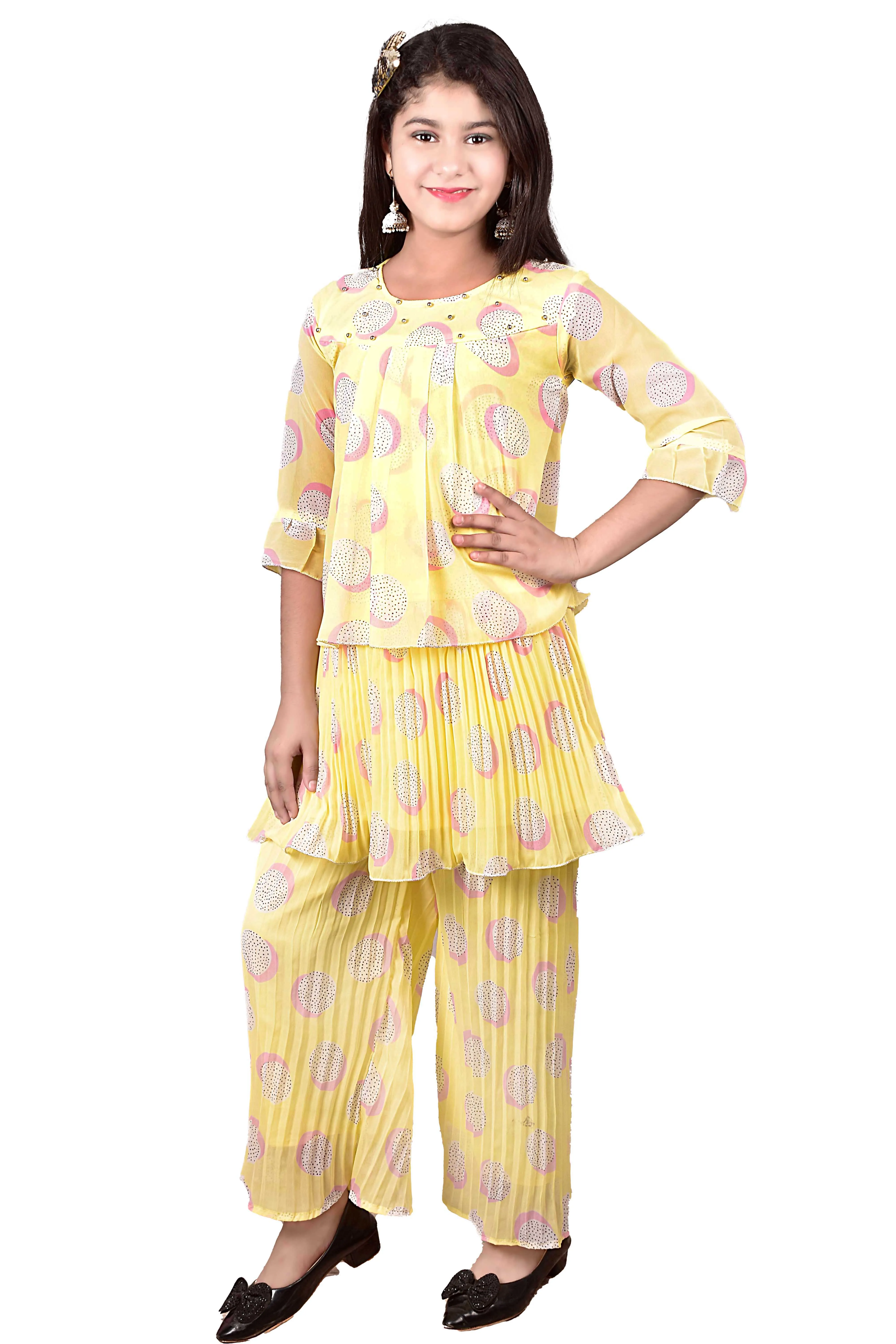 High on Demand New Design Indian Exporter Girls Clothing Cotton and Chiffon Kurti Plazzo Set for Festive Wear