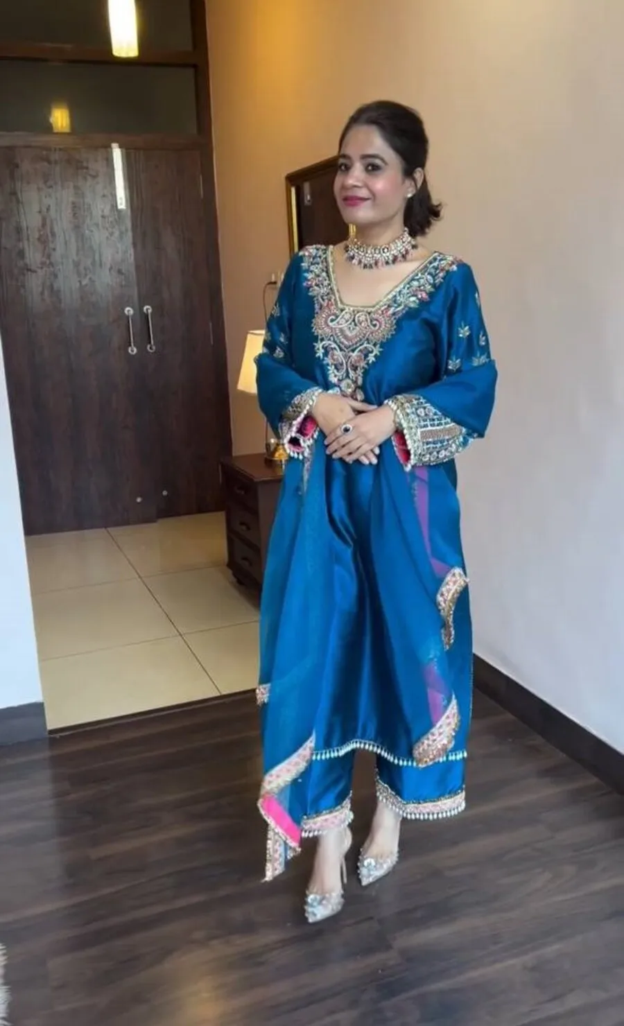 Designer silk embroidery sequence work top palazzo with dupatta festival wear indian women wholesale price ethnic garment