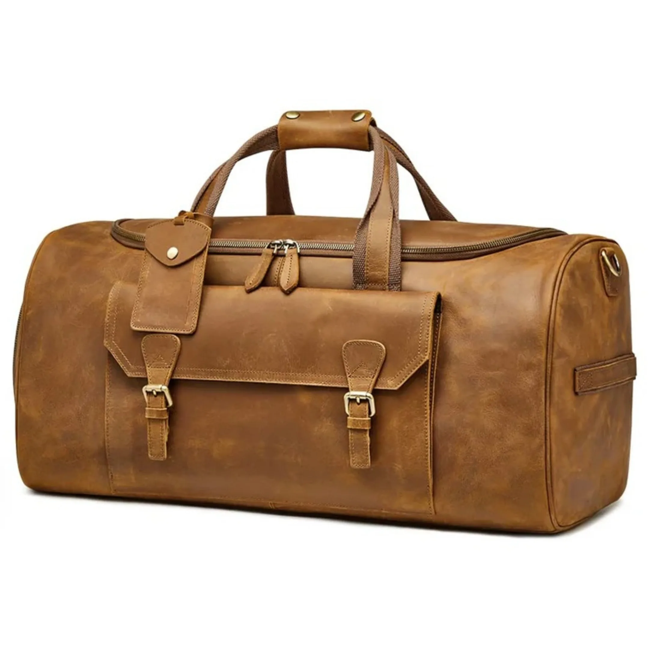 Premium Crazy Horse Designer Genuine Leather Duffel Bag with Shoe Compartment & Trolley Sleeve Travel Business Weekend Getaways