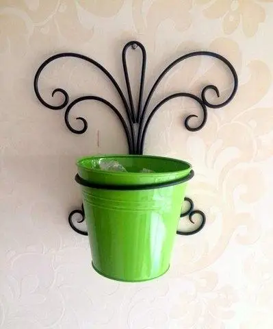 Wrought Iron Metal Hanging Planter Stand with Round Galvanized Green Bucket for Home & Living Room Wall Decor