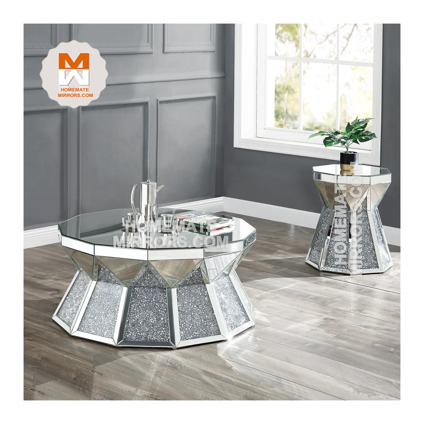 Popular Unique Oversized Faceted Prism Mirror Coffee Table and End Tables