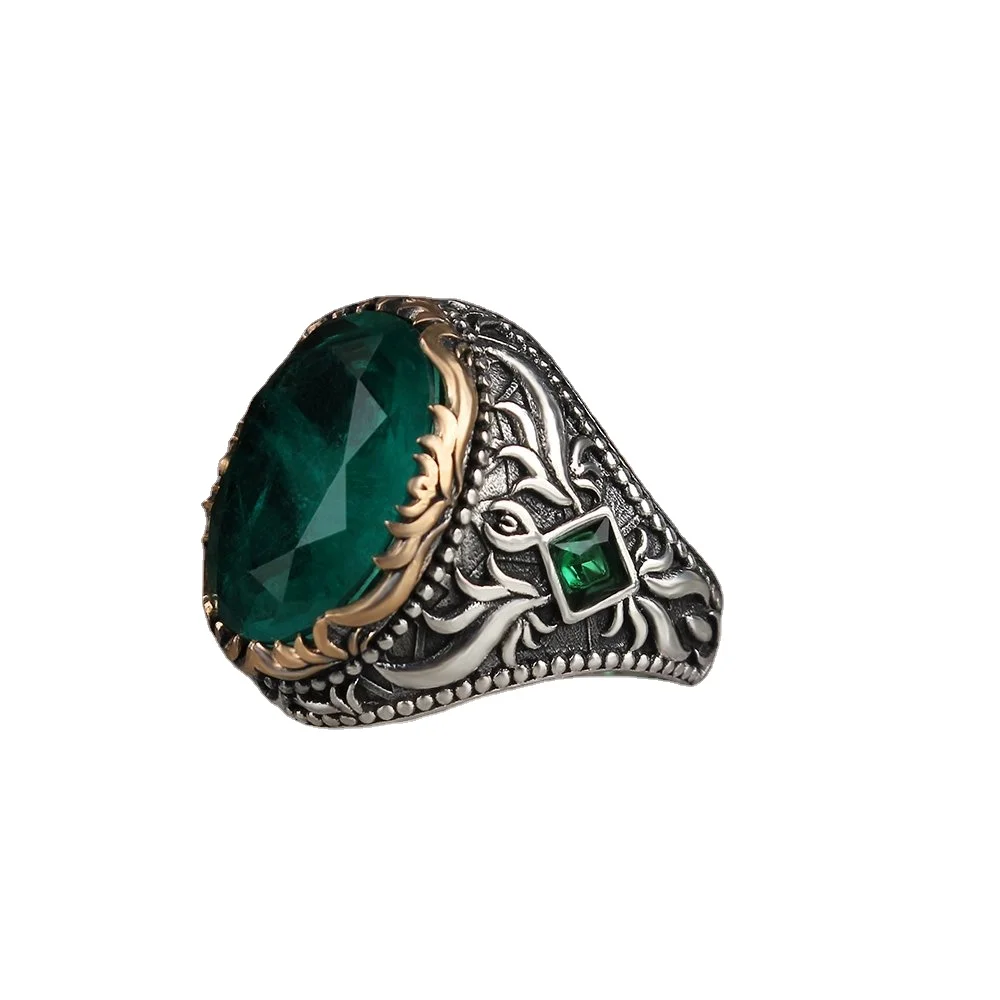 Green Zircon Stone Traditional Motif 925 Silver Men Ring Turkish Handmade Men Ring Turkish Wholesales Silver Jewelry
