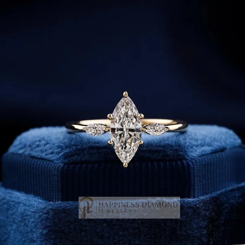 Low Prices 1 CT Marquise Cut Moissanite Three Side Stone Diamond Ring with Solid Gold Metal Conflict Free Wedding Ring For Sale
