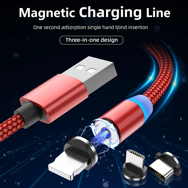 1 m 8-Pin Type C Micro 360 degree Led 3 In 1 Nylon Braided Fast Charging Magnetic USB Cable For Android ISO