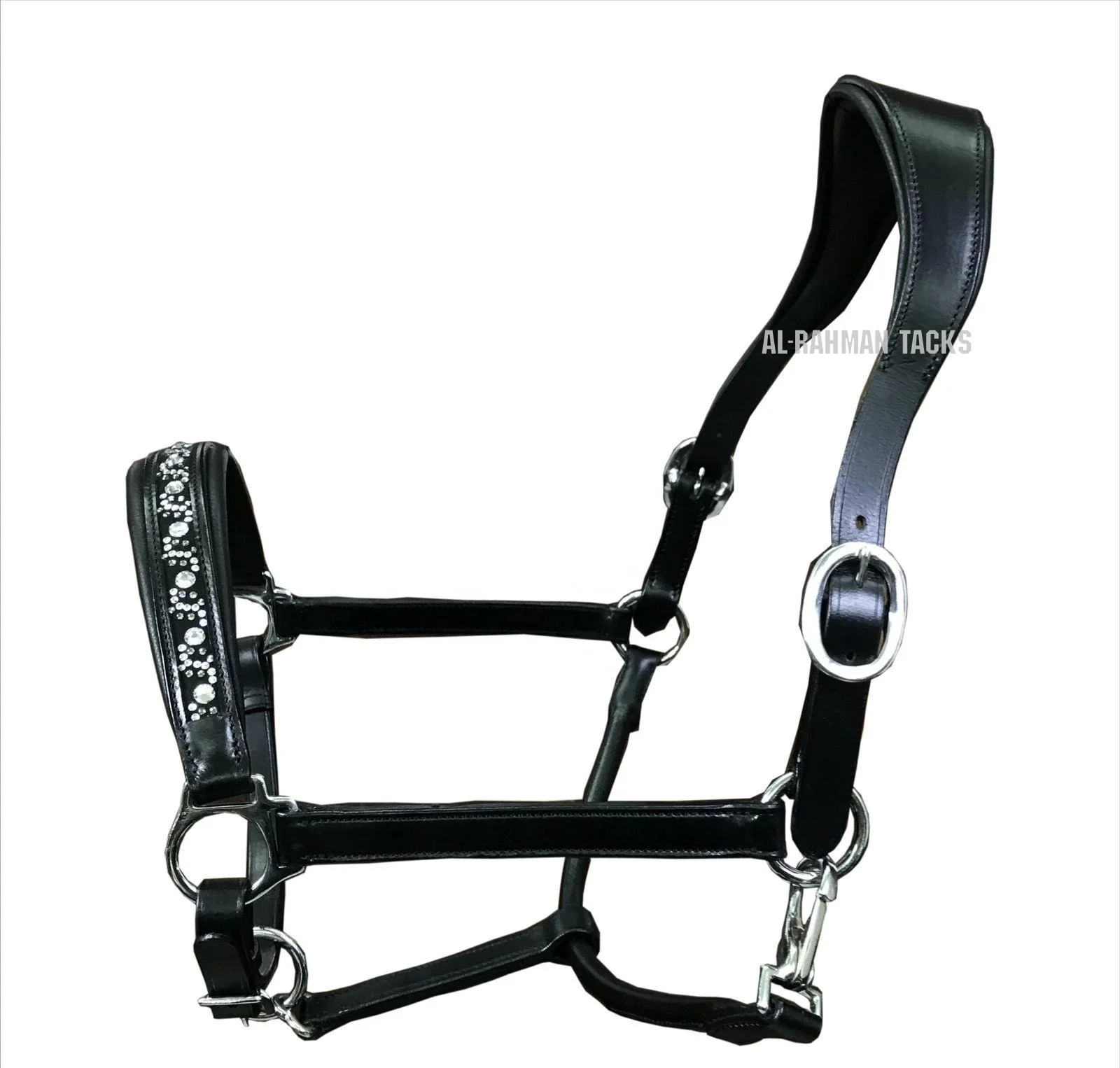 ODM LUXURY EQUESTRIAN ANATOMICAL LEATHER HORSE HALTER FANCY RHINESTONE JEWELED SOFTY PADDED ENGLISH HEADCOLLAR OEM SS FITTINGS