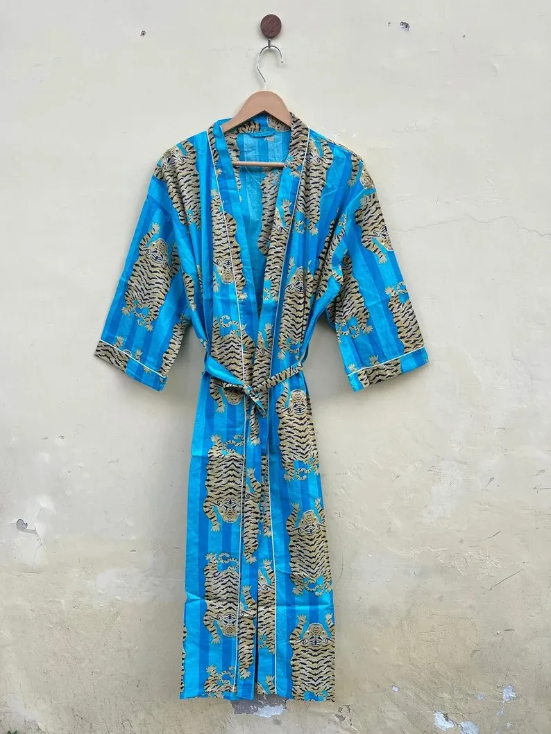 New Tiger Print Luxury Kimono Robe  Unisex Boho Kimono Robe 100% Cotton Kimono Robe Beach Cover Up Bridesmaid Gown Gift for Her