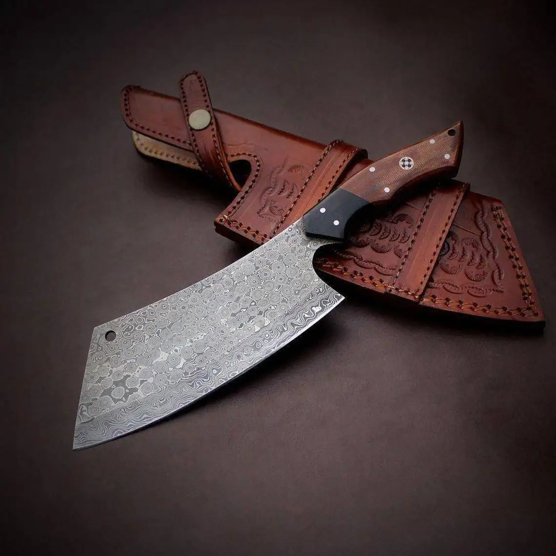 Professional Damascus Steel Serbian Knife, Chopper meat Cleaver Knife Japanese Style With leather sheath