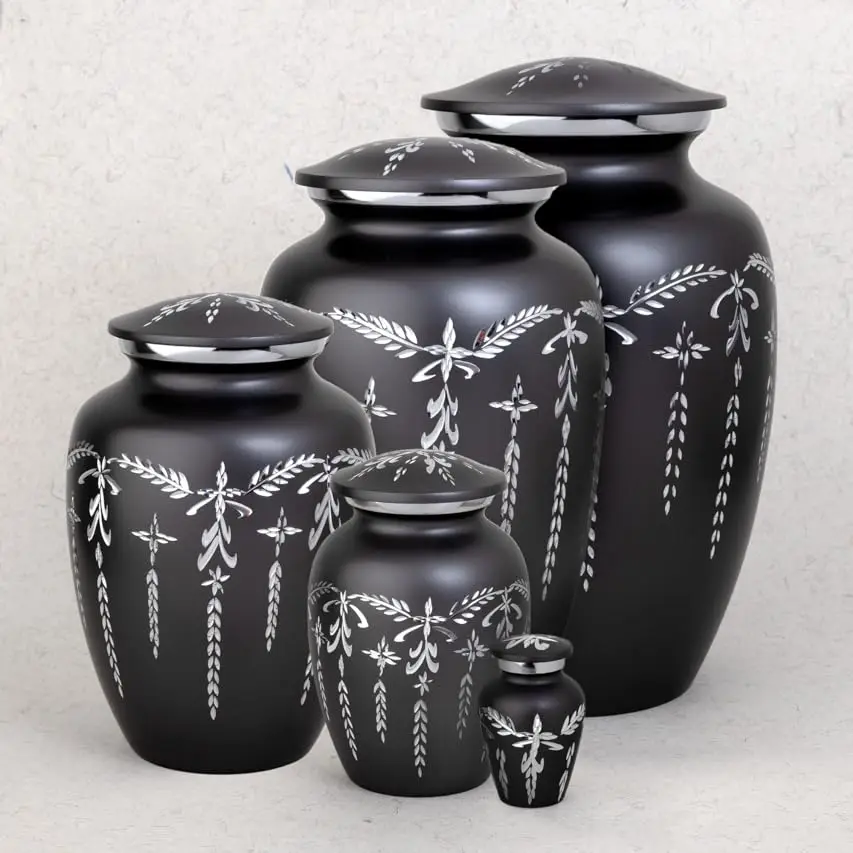 Perfect Memorials Fancy Flourish Floral Cremation Urn Grey Metal Painted Finished Elegant Design From India
