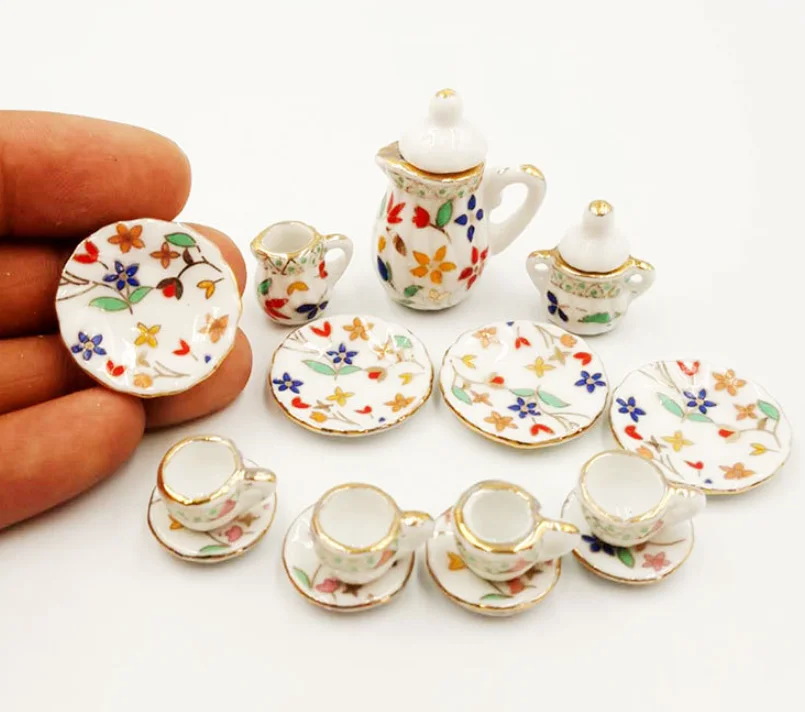 15 pieces :Doll house Miniature Tableware Ceramic Coffee Tea Set Porcelain Tea Cup Set Flower pattern Tableware Toy Store
