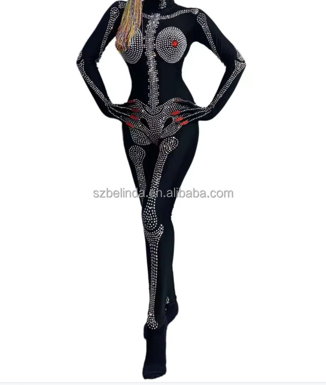 Rhinestones women black suits with crystal human skeleton Pearls Strech Men Dance Jumpsuit Evening dress Birthday Show Outfit