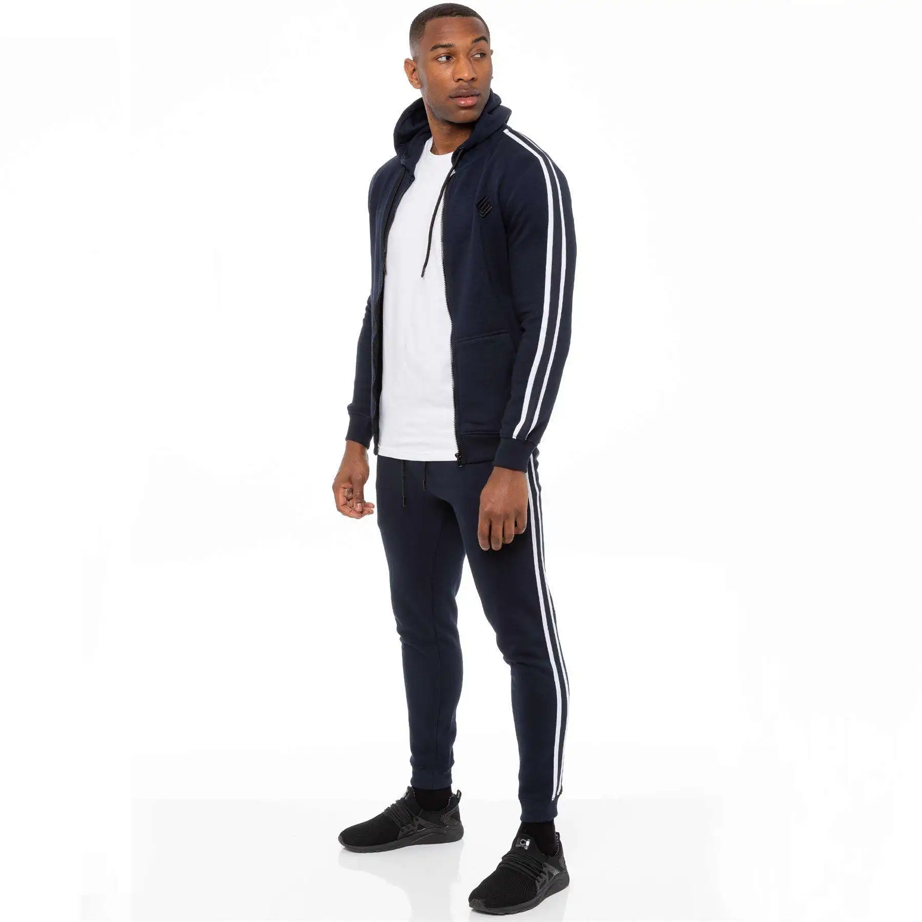 Custom Men Stripe Winter 100% Cotton hooded Sports Tracksuit 2 piece Zipper hoodie and jogger pants sets