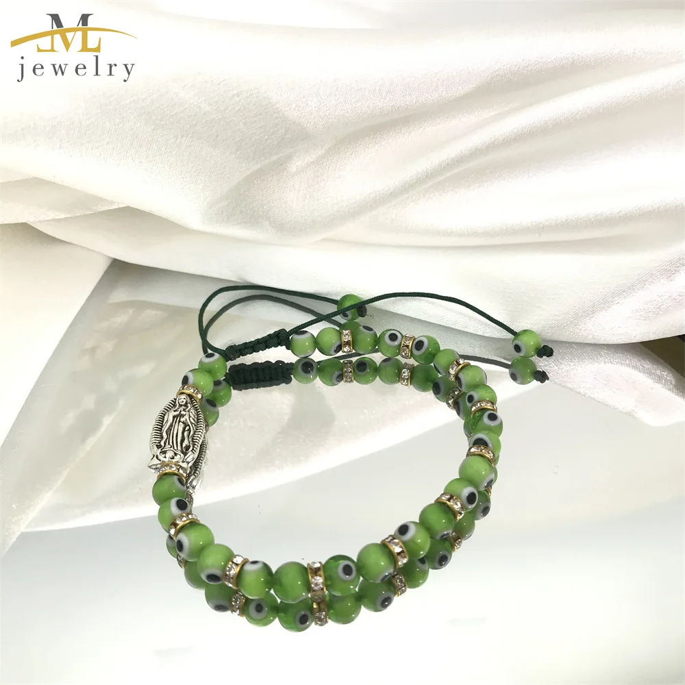 Jml Green String Virgin Mary Adjustable Rope Bracelet Good Luck Murano Glass Turkish Eye Evil Eyes Bead Bracelet for Women