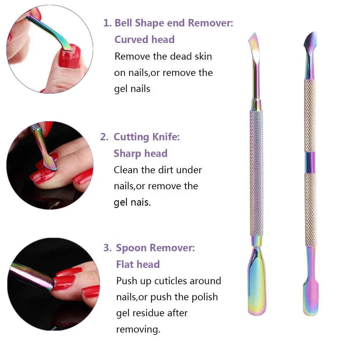 Rainbow 4pcs Spoon Pusher Knife Head Bell Shape Curve Head Double ended Nail Polish Remover Cuticle Nail Pusher Scraper Tool Set