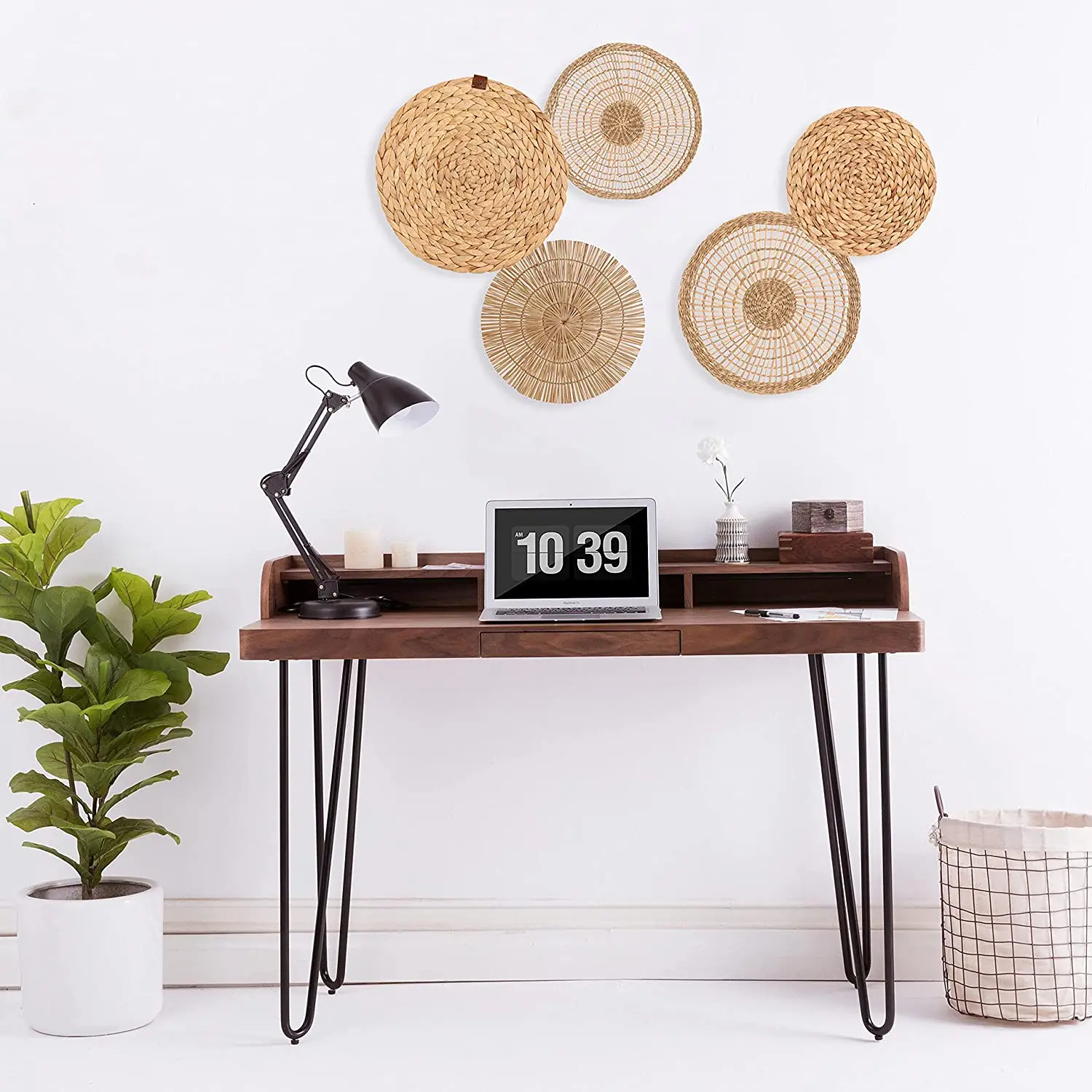 High-quality Naturral Rattan Set off 5 Weaving Plate Basket Wall Hanging Decor for Home.