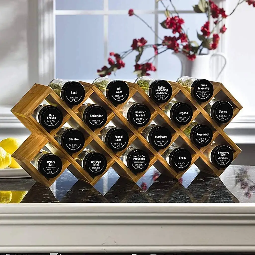 Bamboo Spice Rack Eco friendly Seasoning Jars Holder 14 Bottles Free Standing Countertop Storage Organizer Shelf for Kitchen