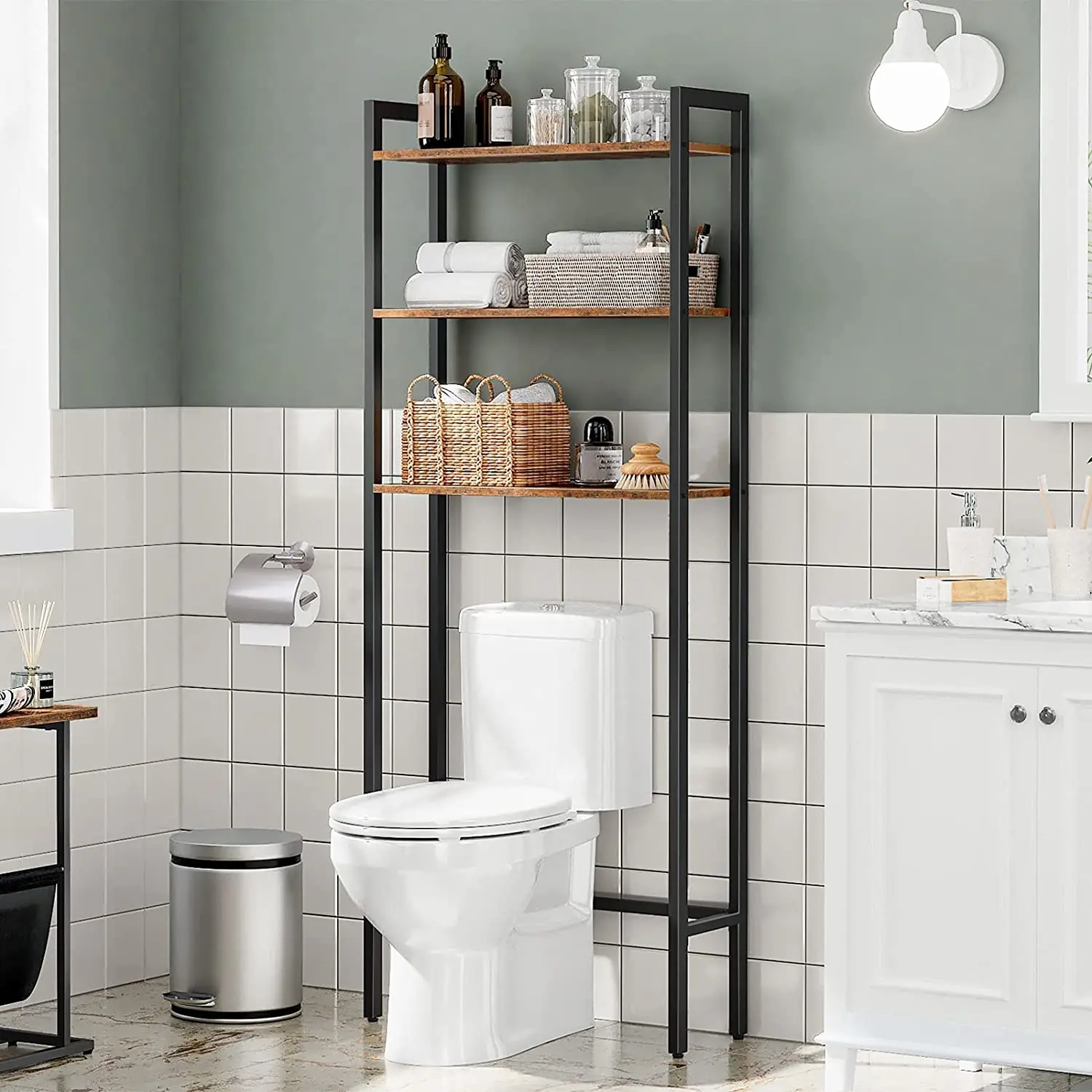 3 level industrial  bathroom organizer, shelving over toilet, adjustable feet, easy to assemb